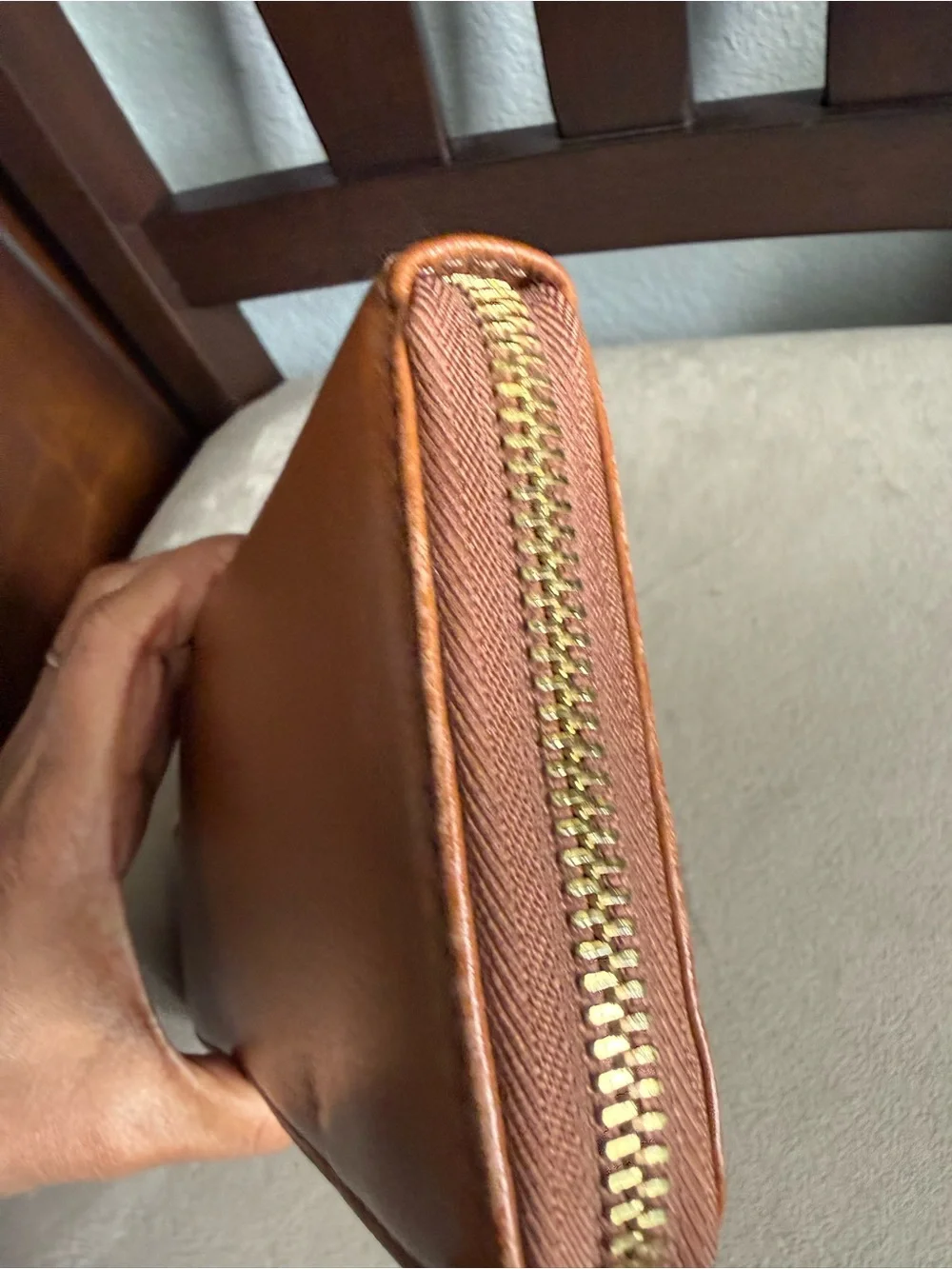Michael Kors Cognac Leather Zip-Around Wallet with Gold Plaque